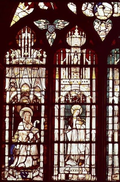 Da sinistra a destra: Simon Aligret e i suoi nipoti con San Simone e Santa Caterina, dalla Cappella di San Giuseppe da French School